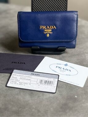 Prada Soft Calf Leather Key Holder Wallet in Blue with Gold Hardware